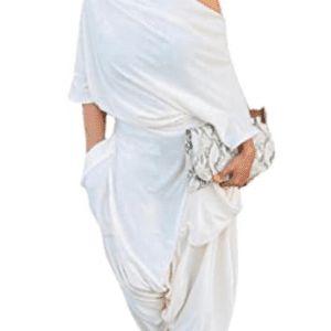 Person wearing a White Slouchy Jumpsuit (Size M), large white sunglasses, holding a snakeskin-patterned clutch, and sporting white heeled sandals.