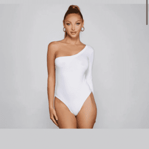 A woman poses against a plain light gray background wearing the One Sleeve Body Suit SIZE M in white.