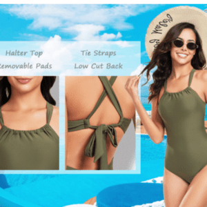 Woman wearing an olive green one-piece swimsuit with halter top, tie straps, and low cut back, standing by a pool. Close-ups highlight swimsuit's front and back details.