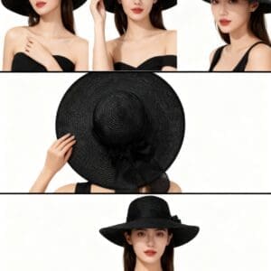 A woman models a wide-brimmed black hat with a bow, shown from various angles including front, side, back, and three-quarter view.