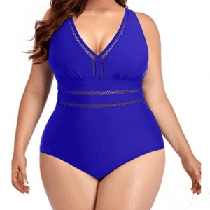Woman wearing a royal blue one-piece swimsuit with mesh panel detailing at the waist and neckline, shown from the shoulders to upper thighs.