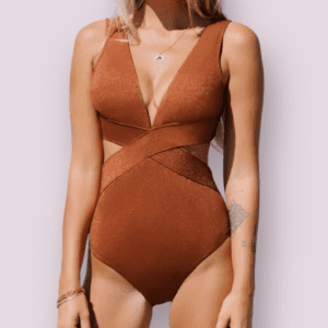 A woman wears a shimmery brown one-piece swimsuit with a deep V neckline and crisscross cutout design at the waist.