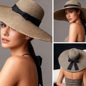 Woman wearing a wide-brimmed straw hat with a black ribbon bow, shown from the front, side, and back.