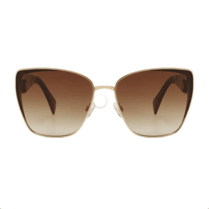 A pair of oversized square sunglasses with gold frames and brown gradient lenses, shown from the front against a plain background.