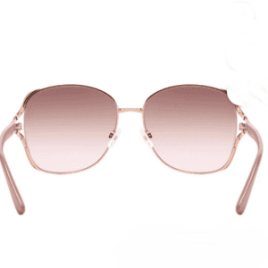 Front view of stylish sunglasses with pink gradient lenses and thin rose gold metal frames on a white background.