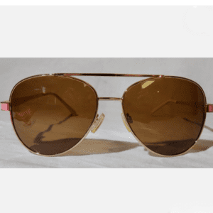 A pair of aviator-style sunglasses with brown tinted lenses and a thin metallic frame, displayed against a plain background.