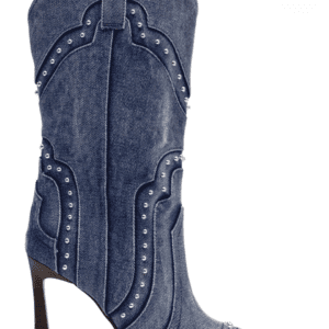 A high-heeled, pointed-toe cowboy boot made of blue denim fabric with decorative stitching and metallic studs.