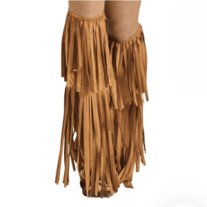 Person wearing tan suede leg covers with long fringe, covering from mid-thigh to ankles, over bare legs and feet.