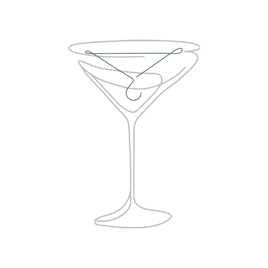 Minimalist line drawing of a martini glass with an olive, created using continuous lines on a white background.