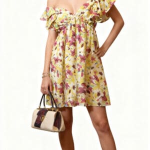 Woman wearing a yellow floral off-shoulder dress with ruffles, holding a handbag, and wearing beige pointed heels, standing against a plain white background.