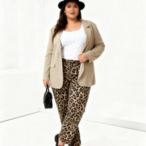 Woman wearing a beige blazer, white top, leopard print pants, black hat, and black shoes, holding a small black handbag, standing in a minimalist white room.