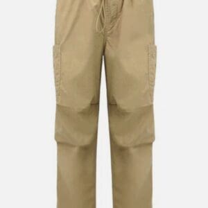 Beige cargo pants with elastic waistband, drawstring, side pockets, and adjustable hems, displayed on a plain background.
