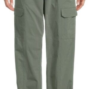 Person wearing sage green cargo pants with elastic waistband, adjustable belt, side pockets, and drawstring cuffs, paired with white sneakers.