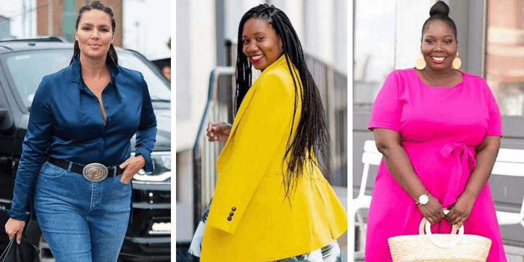 Three women wearing stylish outfits: one in a blue blouse and jeans, one in a yellow blazer, and one in a bright pink dress holding a woven bag.