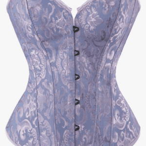 Lavender and white brocade corset with front busk closure and curved seams, featuring a floral pattern and light pink trim along the edges.