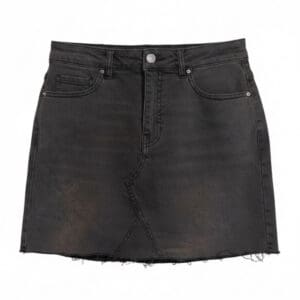 A black denim mini skirt with five pockets, a front zipper and button closure, and a raw, frayed hem.