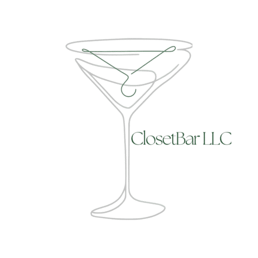 A minimalist line drawing of a martini glass with a hanger inside and the text "ClosetBar LLC" beside it.