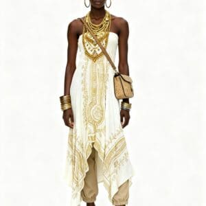 Woman stands facing forward, wearing a patterned white and gold dress over tan pants, with a tan headwrap, layered necklaces, bangles, wedge sandals, and a crossbody bag against a white background.