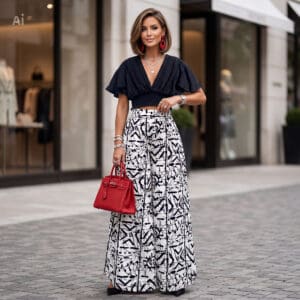 Woman stands on a city sidewalk wearing a black blouse, patterned wide-leg pants, black heels, and a red handbag. Boutique storefronts are visible in the background.