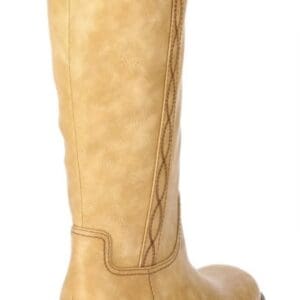 Tan knee-high boot with a low block heel, decorative side stitching, and a rounded toe, viewed from the back and side against a white background.