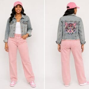 Woman in a pink cap, denim jacket with a colorful tiger graphic on the back, white top, pink wide-leg pants, and pink sneakers, shown from front and back against a plain background.