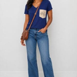 Woman wearing a blue cap, blue V-neck T-shirt with a beige pocket, blue jeans, white sneakers, and a brown crossbody bag stands against a plain background.