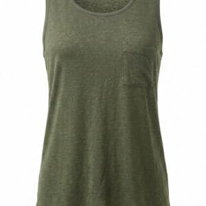 Olive green sleeveless tank top with a scoop neckline and a small chest pocket, displayed on a plain white background.
