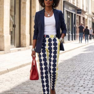 Woman walking on a cobblestone street, wearing sunglasses, a navy blazer, white top, patterned pants, black flats, and carrying a red handbag.