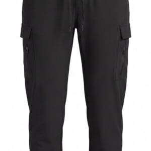 Black cargo jogger pants with elastic ankles, side pockets with zippers, and a drawstring waistband, displayed on a plain white background.