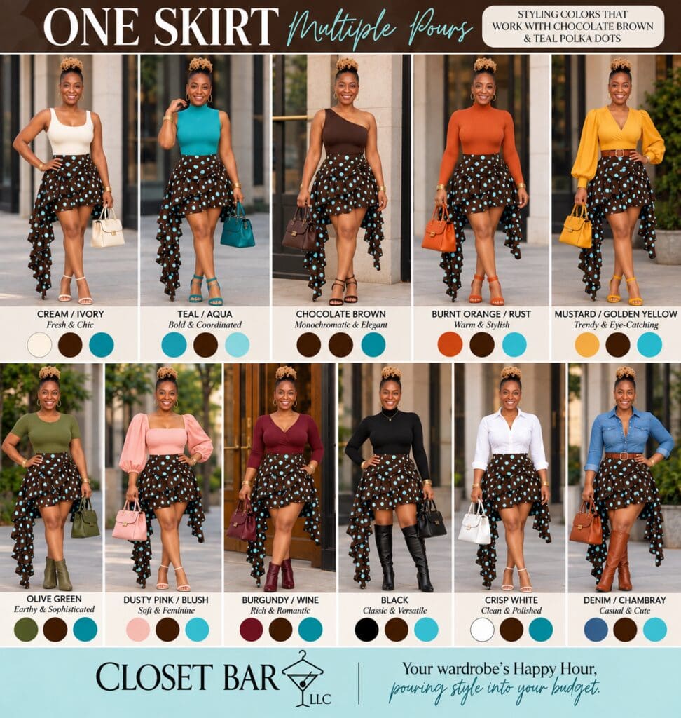 A style guide showing twelve outfit combinations featuring the same brown and teal polka dot high-low skirt paired with various tops, bags, and shoes.