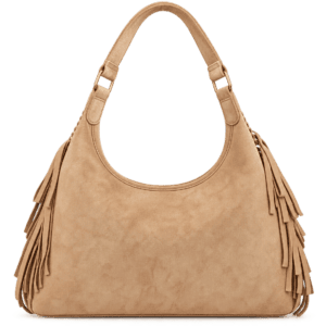 Tan suede hobo bag with fringe detailing on the sides.