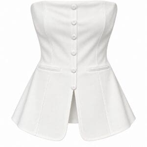 White strapless peplum top with a button-front closure and two faux welt pockets.