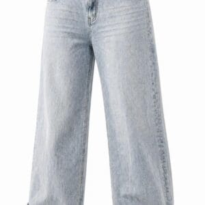 Light-wash wide-leg jeans with cuffed hems.