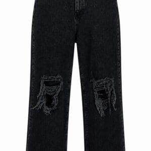 Black high-waisted denim jeans with distressed holes at the knees.