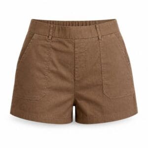 Brown high-waisted shorts with an elastic waistband and front patch pockets.