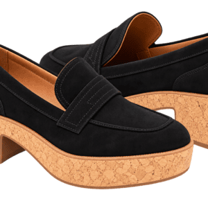 Black loafers with a chunky cork platform sole.