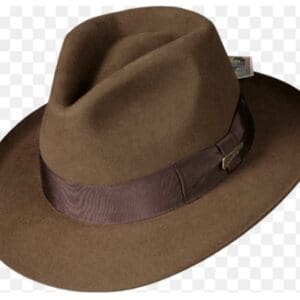 Brown felt fedora with a matching ribbon band.