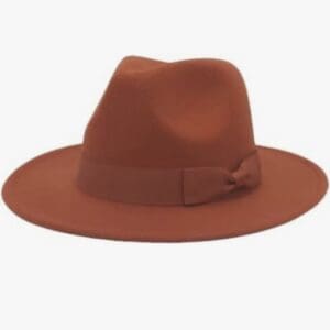 Rust-colored fedora hat with a matching ribbon band.