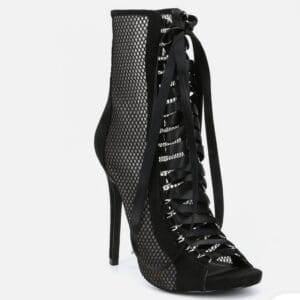 Black lace-up stiletto ankle boot with mesh panels and an open toe.