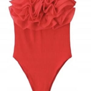Red strapless one-piece swimsuit featuring a large ruffled neckline.
