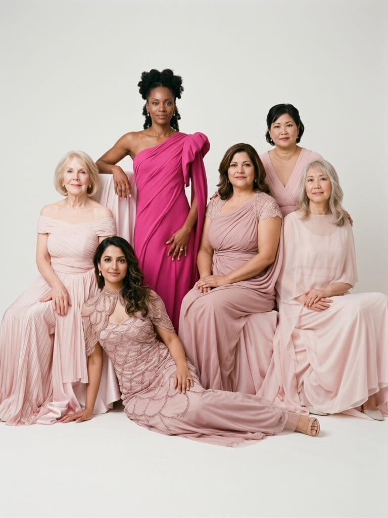Six women in elegant formal gowns pose together against a plain white background.