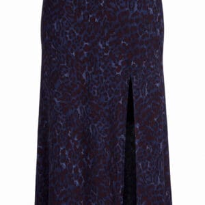 High-waisted, ankle-length midi skirt in a dark blue and black animal print with a front leg slit.