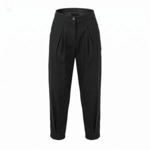 Black high-waisted trousers with front pleats and a button closure.