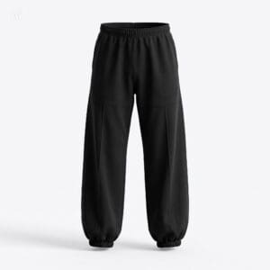 Black sweatpants with an elastic waistband and cinched ankles.