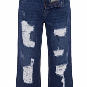 Dark blue wide-leg jeans with heavy distressing and a partially unzipped fly.