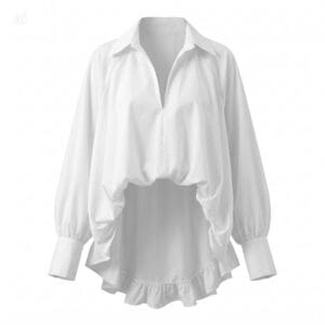 White long-sleeved blouse with a collar, V-neck, and a high-low ruffled hem.