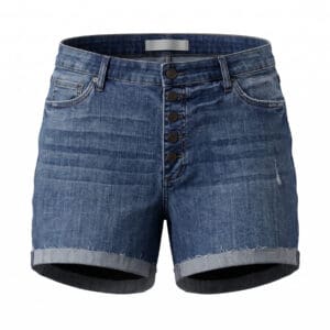 Medium-wash denim shorts with a button-up fly and cuffed, raw-edge hems.
