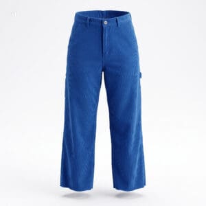 Blue corduroy wide-leg pants with a button fly and side pockets.