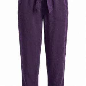 Deep purple high-waisted trousers with a paper-bag waist, tie-front belt, and tapered legs.