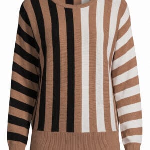 Long-sleeved knit sweater featuring a block-striped pattern in shades of black, white, and tan.